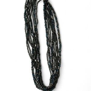 Premier Designs "Seaside" Multi Strand Gunmetal/Blue Iridescent‎ Beaded Necklace